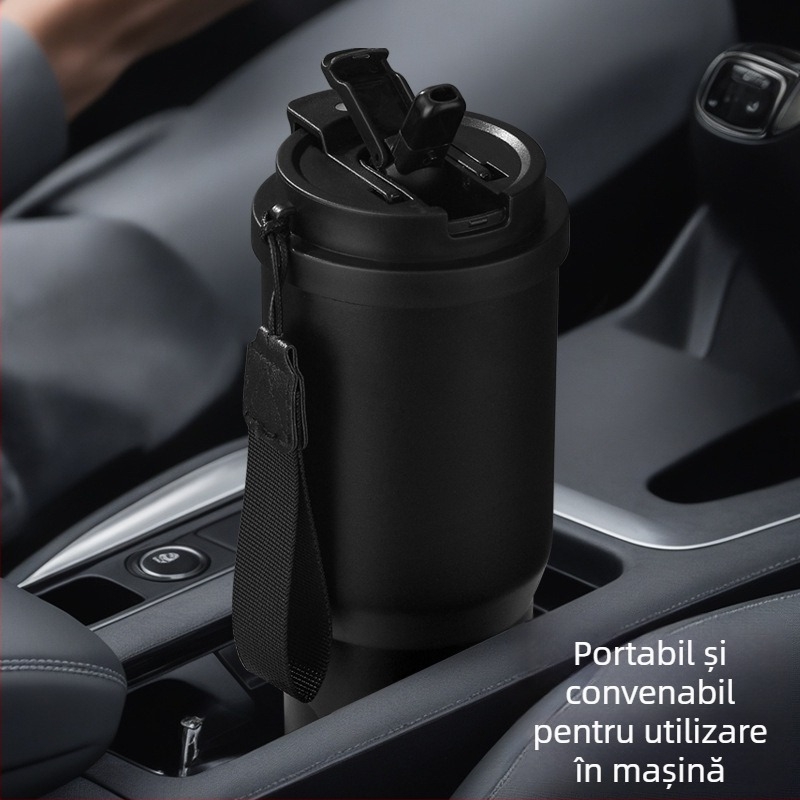 Cană de cafea din oțel inoxidabil pentru mașină, mâner dublu, termos izolat, design modern, personalizare