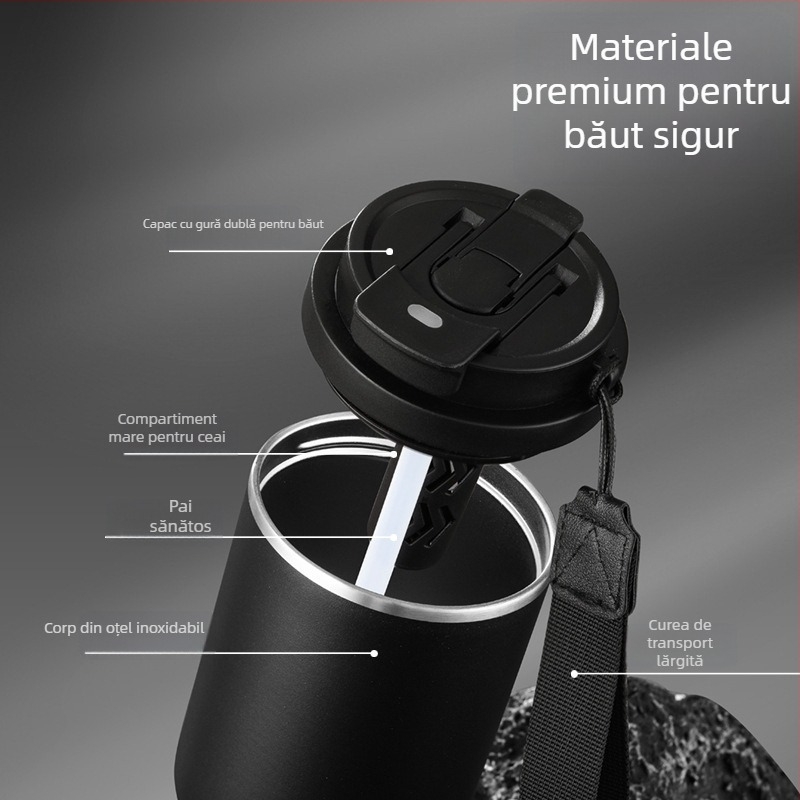 Cană de cafea din oțel inoxidabil pentru mașină, mâner dublu, termos izolat, design modern, personalizare