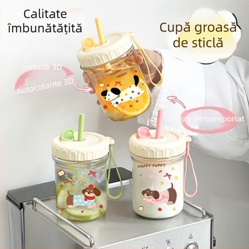 Pahar din sticlă pentru băuturi, capacitate mare, separare ceai-apă, pai și capac, design drăguț