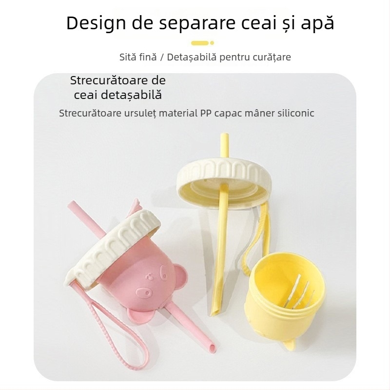 Pahar din sticlă pentru băuturi, capacitate mare, separare ceai-apă, pai și capac, design drăguț