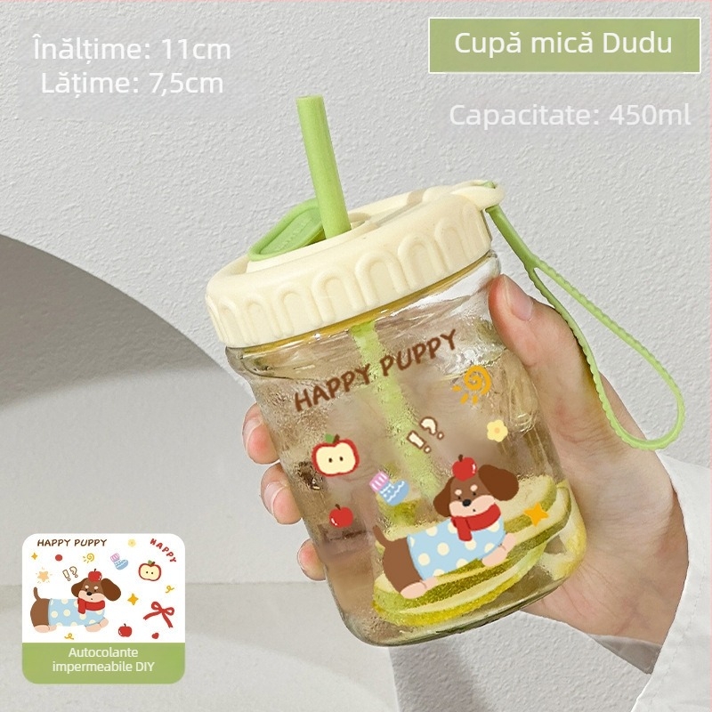 Pahar din sticlă pentru băuturi, capacitate mare, separare ceai-apă, pai și capac, design drăguț
