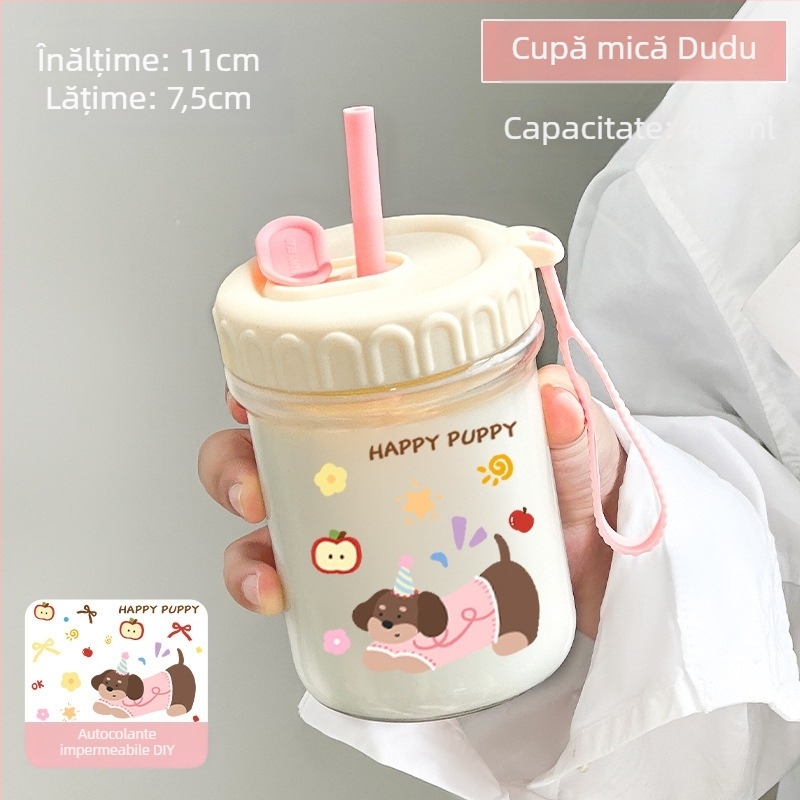Pahar din sticlă pentru băuturi, capacitate mare, separare ceai-apă, pai și capac, design drăguț