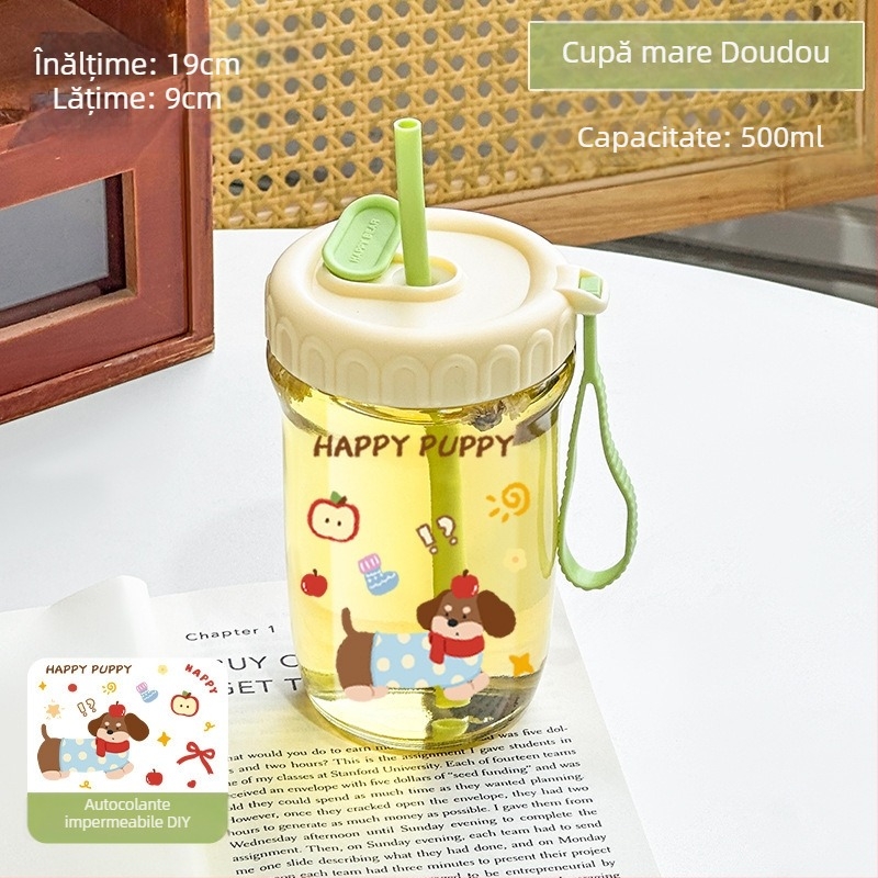 Pahar din sticlă pentru băuturi, capacitate mare, separare ceai-apă, pai și capac, design drăguț