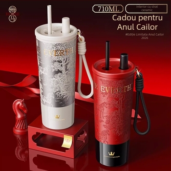 Cană termică roșie cu interior ceramic pentru femei, 2026 model, ediție Anul Calului, cană cu pai și gravură