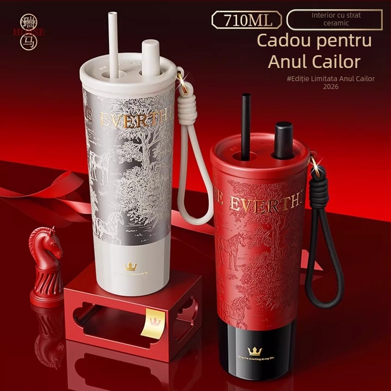 Cană termică roșie cu interior ceramic pentru femei, 2026 model, ediție Anul Calului, cană cu pai și gravură