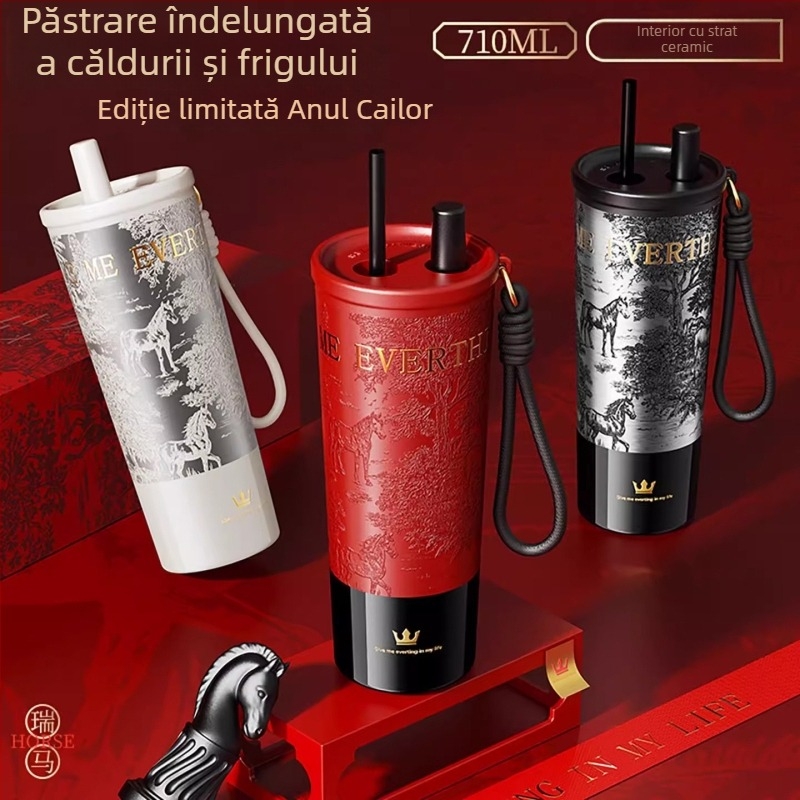 Cană termică roșie cu interior ceramic pentru femei, 2026 model, ediție Anul Calului, cană cu pai și gravură
