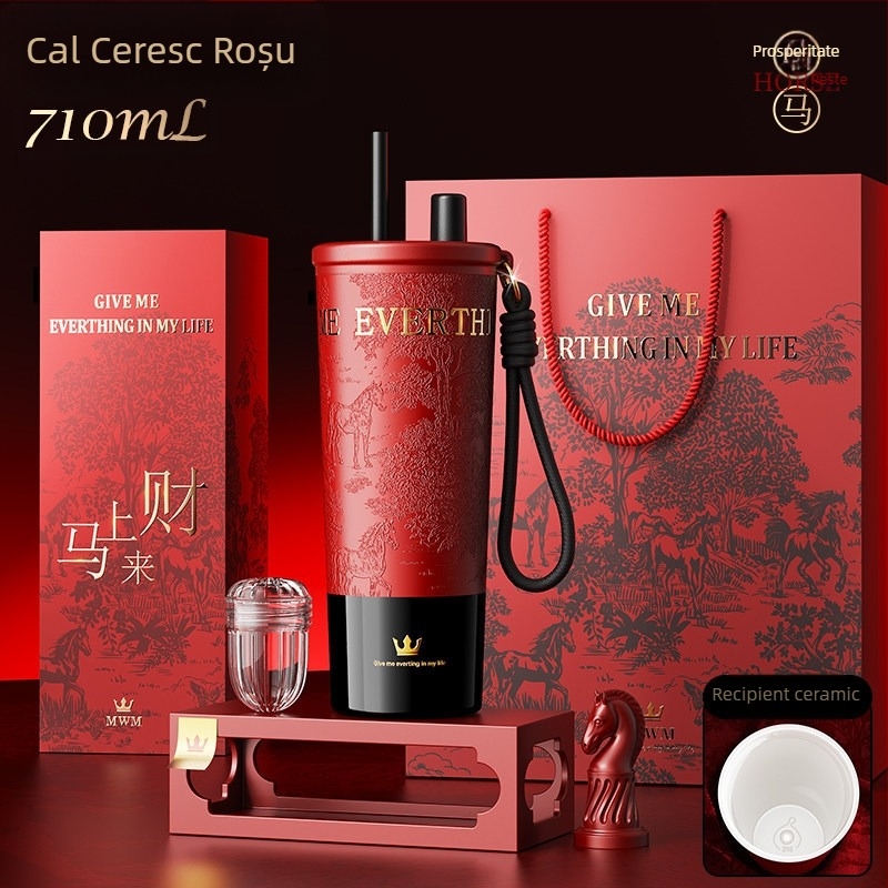 Cană termică roșie cu interior ceramic pentru femei, 2026 model, ediție Anul Calului, cană cu pai și gravură