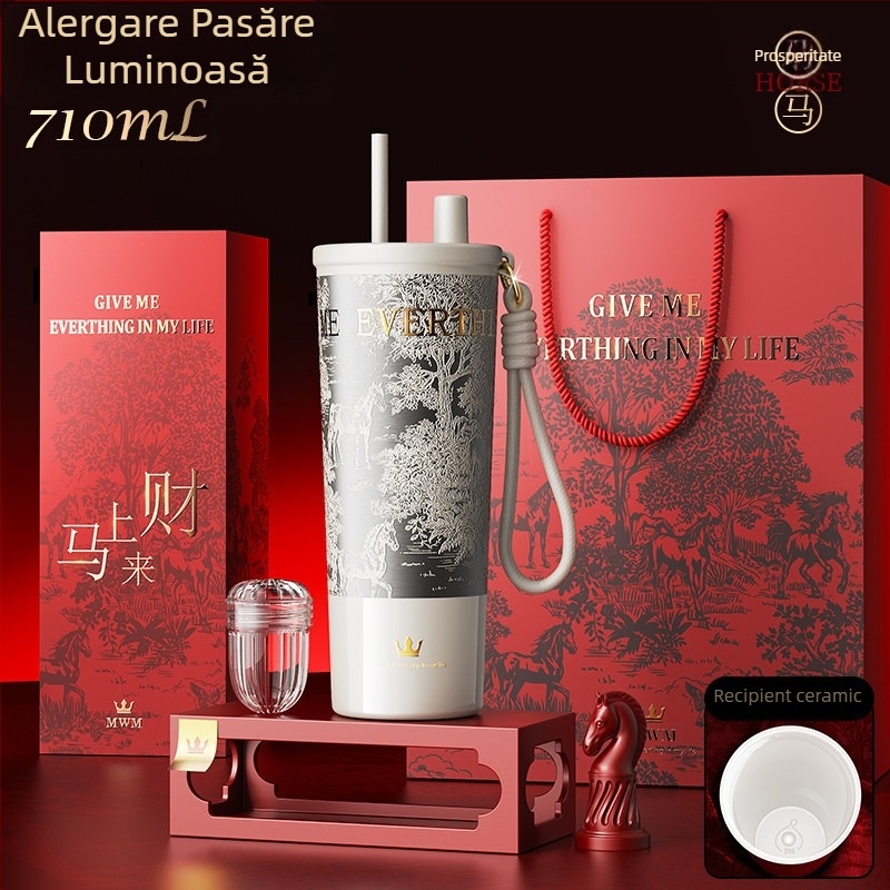 Cană termică roșie cu interior ceramic pentru femei, 2026 model, ediție Anul Calului, cană cu pai și gravură