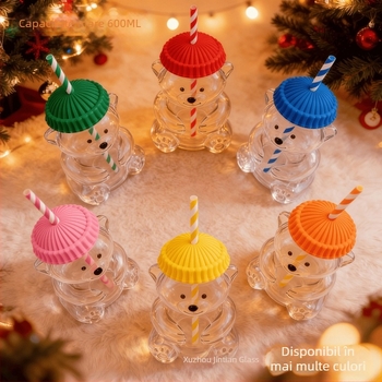 Pahar din sticlă cu ursuleț Teddy și pai, capacitate mare, design desen animat