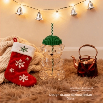 Pahar din sticlă cu ursuleț Teddy și pai, capacitate mare, design desen animat