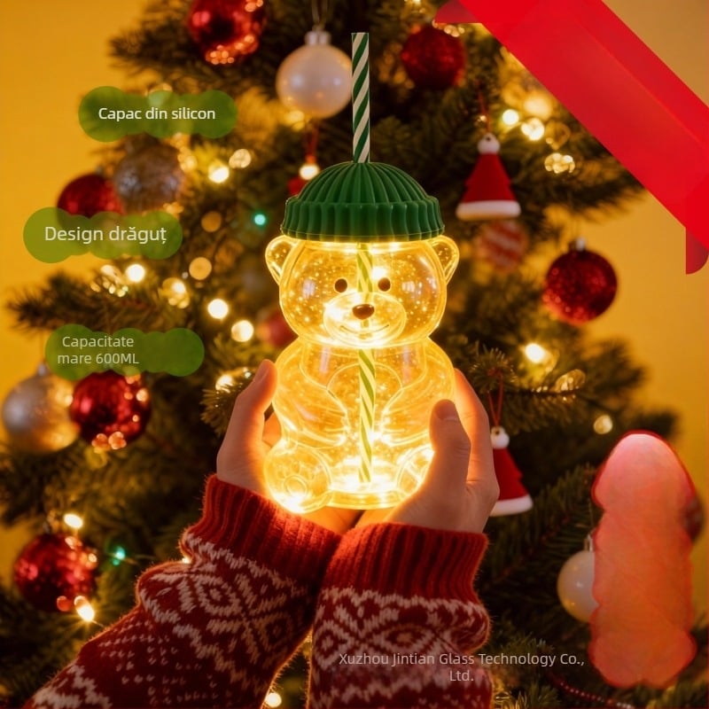 Pahar din sticlă cu ursuleț Teddy și pai, capacitate mare, design desen animat