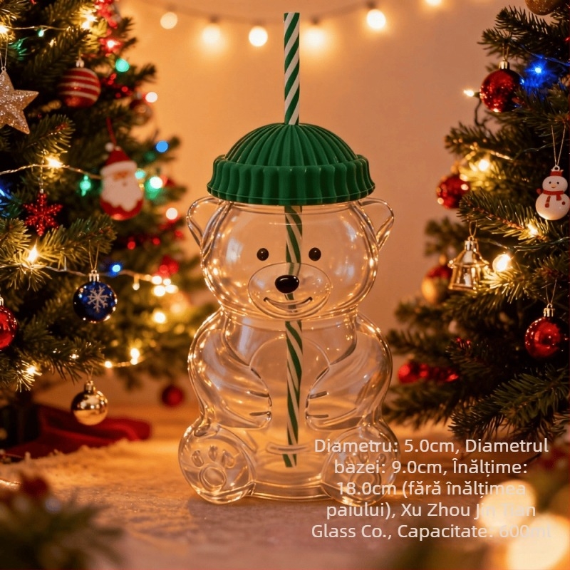 Pahar din sticlă cu ursuleț Teddy și pai, capacitate mare, design desen animat