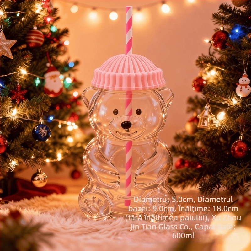 Pahar din sticlă cu ursuleț Teddy și pai, capacitate mare, design desen animat