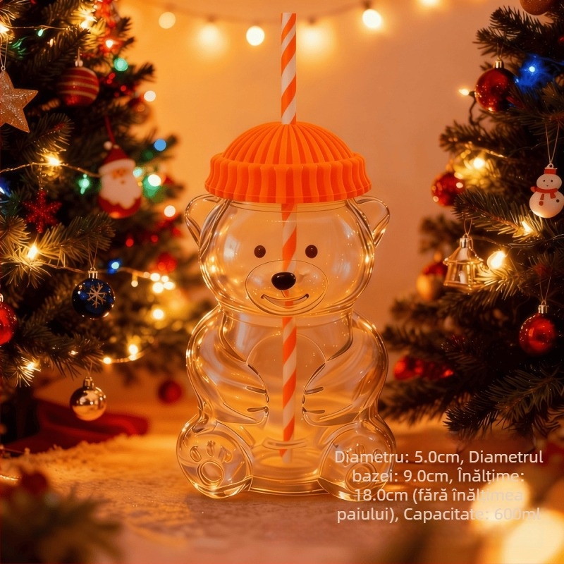 Pahar din sticlă cu ursuleț Teddy și pai, capacitate mare, design desen animat