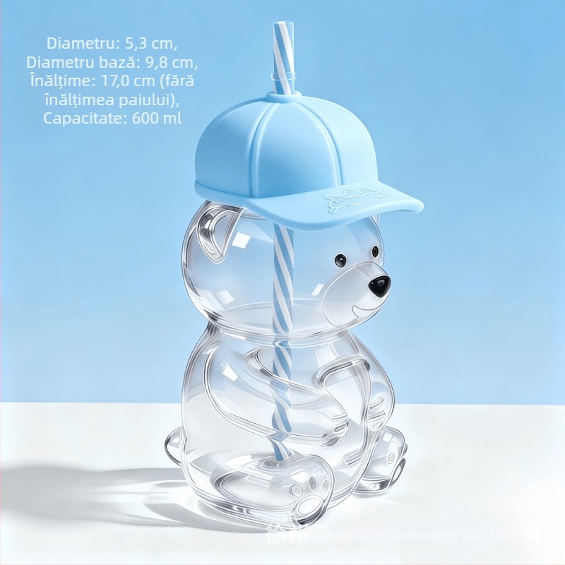 Pahar din sticlă cu ursuleț Teddy și pai, capacitate mare, design desen animat