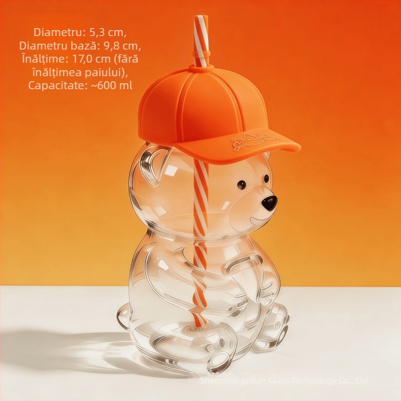 Pahar din sticlă cu ursuleț Teddy și pai, capacitate mare, design desen animat