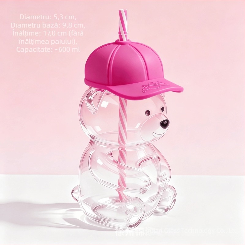Pahar din sticlă cu ursuleț Teddy și pai, capacitate mare, design desen animat