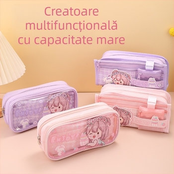 Penar creativ cu design animat, multi-strat, capacitate mare, pentru elevi din învățământul primar și gimnazial, transparent drăguț pentru fete