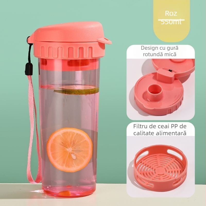 Pahar plastic pentru apă, portabil, cu capac, capacitate mare, potrivit pentru sport și ceai, design elegant și simplu