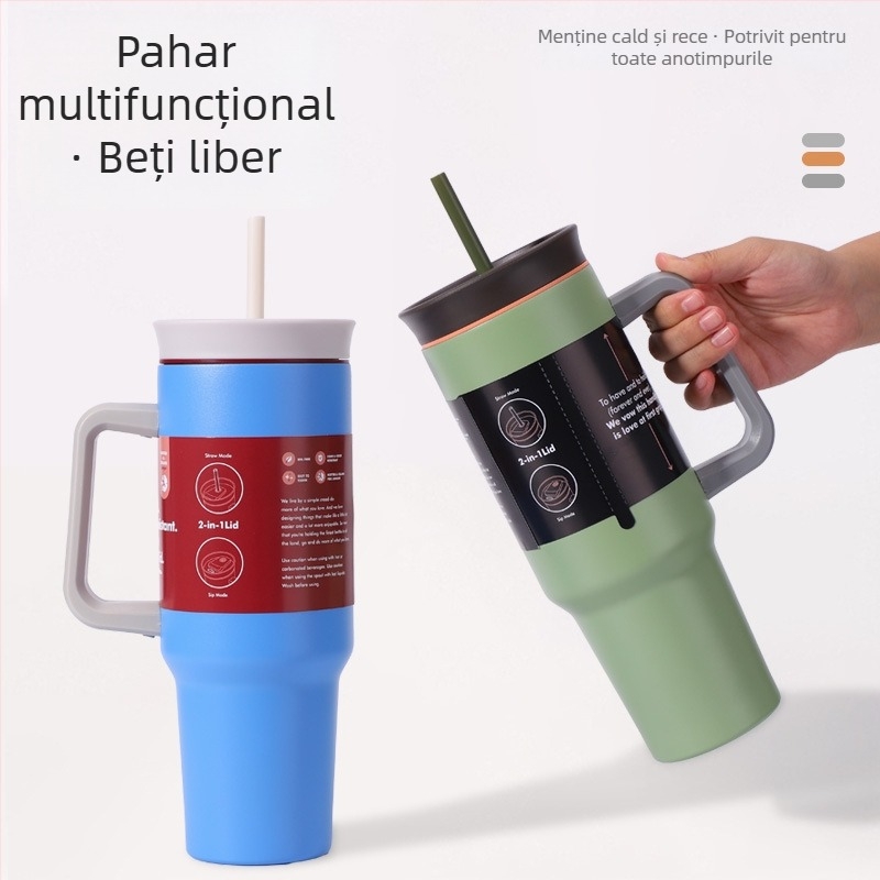 Sticlă de apă izolată din oțel inoxidabil 304, capacitate mare, portabilă pentru exterior, cu mâner și pai