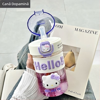 Sticlă de apă din plastic, portabilă, cu pai, stil desen animat, rezistentă la cădere, pentru fete, design sportiv și drăguț