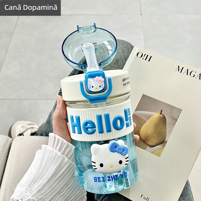 Sticlă de apă din plastic, portabilă, cu pai, stil desen animat, rezistentă la cădere, pentru fete, design sportiv și drăguț