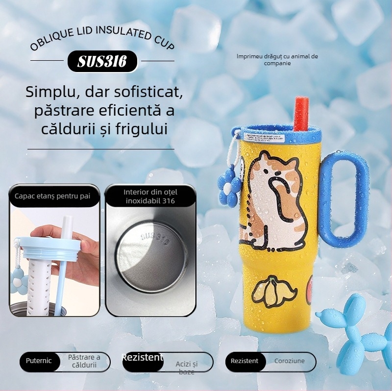 Cana termică de mare capacitate, interior din oțel inoxidabil 316, pai, pentru mașină, cu mâner