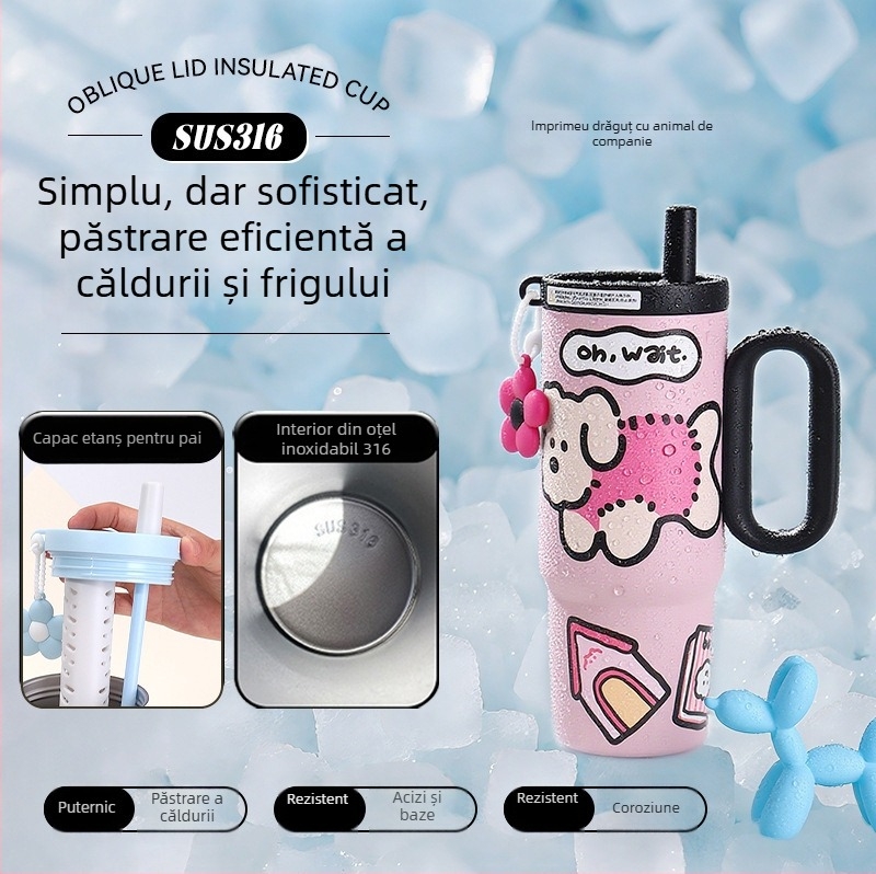 Cana termică de mare capacitate, interior din oțel inoxidabil 316, pai, pentru mașină, cu mâner