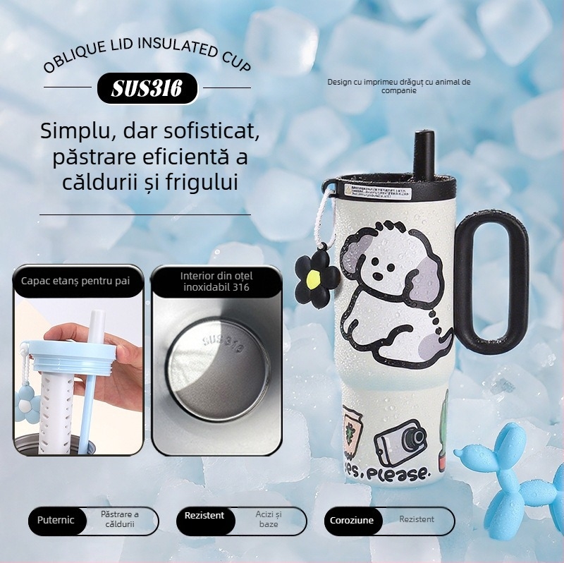 Cana termică de mare capacitate, interior din oțel inoxidabil 316, pai, pentru mașină, cu mâner