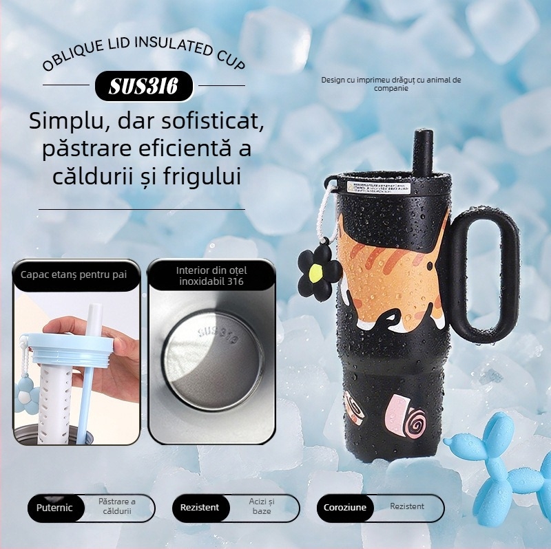 Cana termică de mare capacitate, interior din oțel inoxidabil 316, pai, pentru mașină, cu mâner