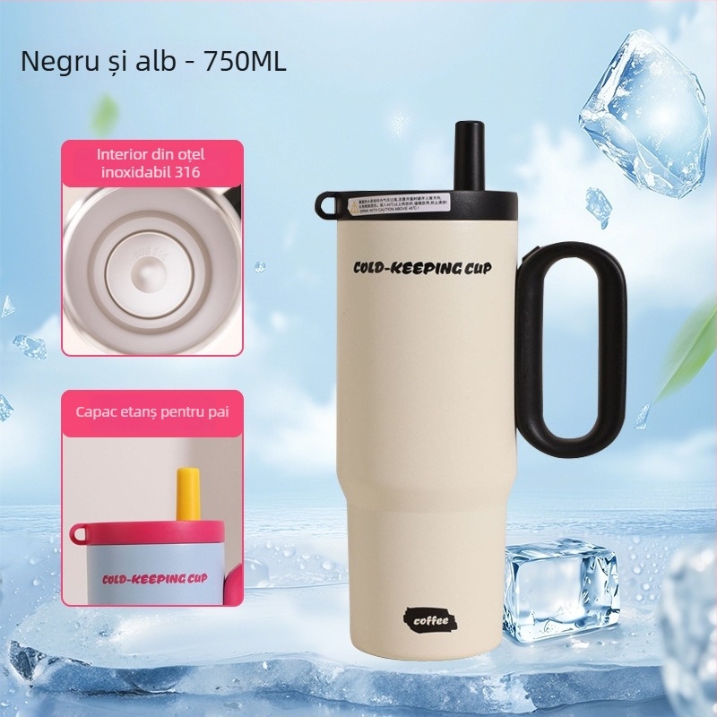 Cana termică de mare capacitate, interior din oțel inoxidabil 316, pai, pentru mașină, cu mâner