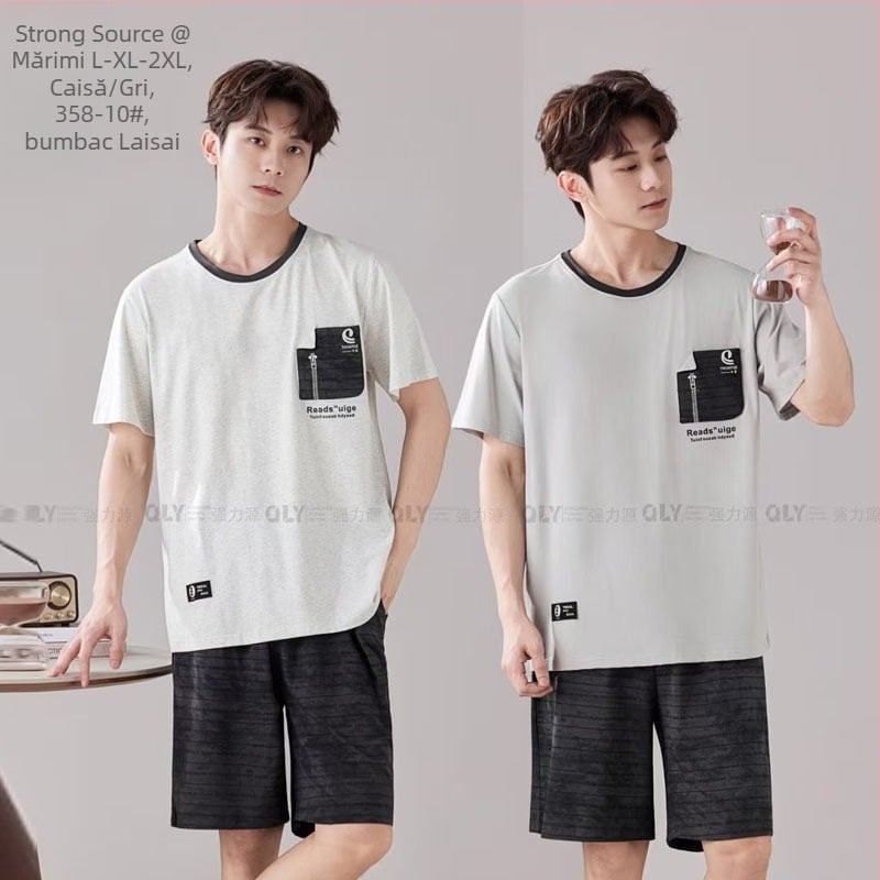 Powerful Source Laise Cotton Set pijamale pentru bărbați – tricou cu mânecă scurtă și șort, guler rotund, Stil 26