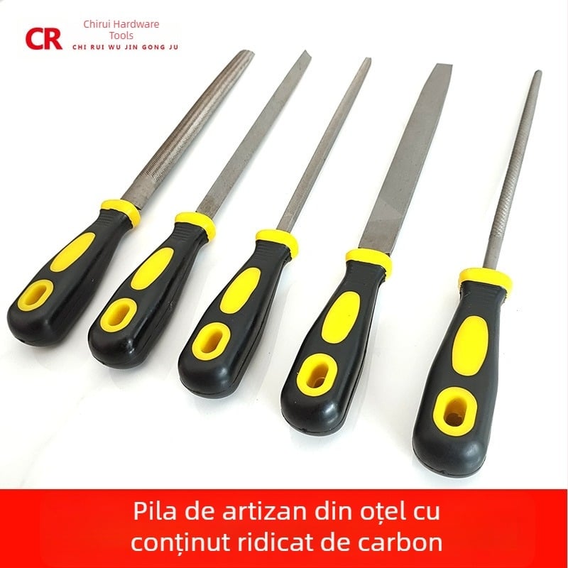 Set de fișiere metalice cu forme plate, semicerc, triunghi, pătrat și rotund; dimensiuni 6–12 inch; oțel cu carbon înalt.