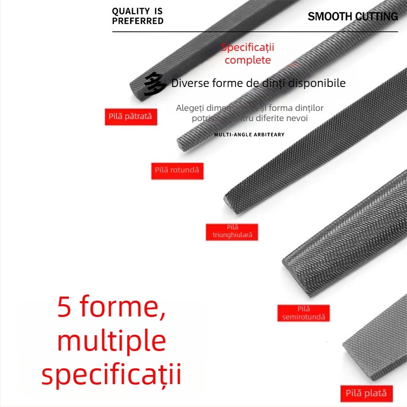 Set de fișiere metalice cu forme plate, semicerc, triunghi, pătrat și rotund; dimensiuni 6–12 inch; oțel cu carbon înalt.