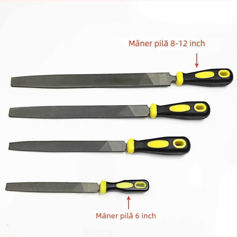 Set de fișiere metalice cu forme plate, semicerc, triunghi, pătrat și rotund; dimensiuni 6–12 inch; oțel cu carbon înalt.
