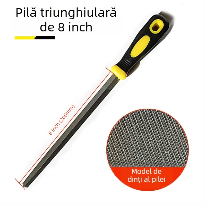 Set de fișiere metalice cu forme plate, semicerc, triunghi, pătrat și rotund; dimensiuni 6–12 inch; oțel cu carbon înalt.