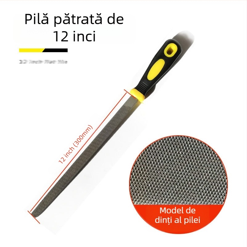 Set de fișiere metalice cu forme plate, semicerc, triunghi, pătrat și rotund; dimensiuni 6–12 inch; oțel cu carbon înalt.