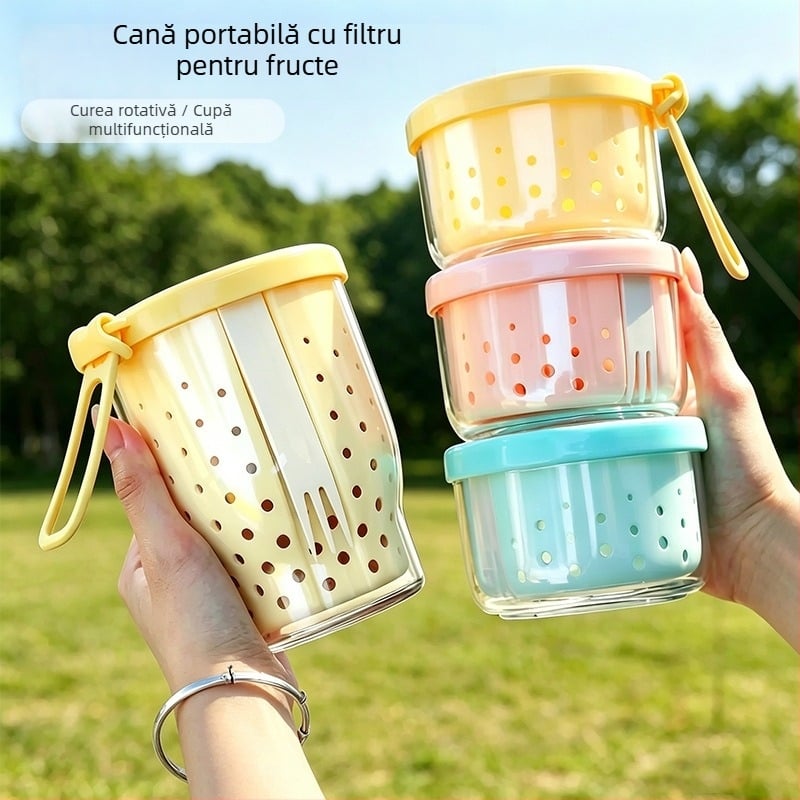 Pahar de salată de fructe în stil Instagram, cu design de scurgere, portabil pentru mic dejun cu iaurt la birou sau în mașină, pahar pentru overnight oats cu furculiță