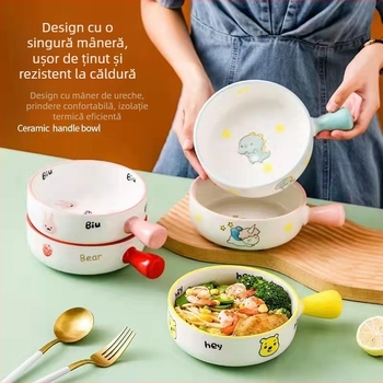 Bol din porțelan, compatibil cu microunde, cu mâner, rotund, pentru salată de fructe și tăiței, model Cartoon, logo personalizat
