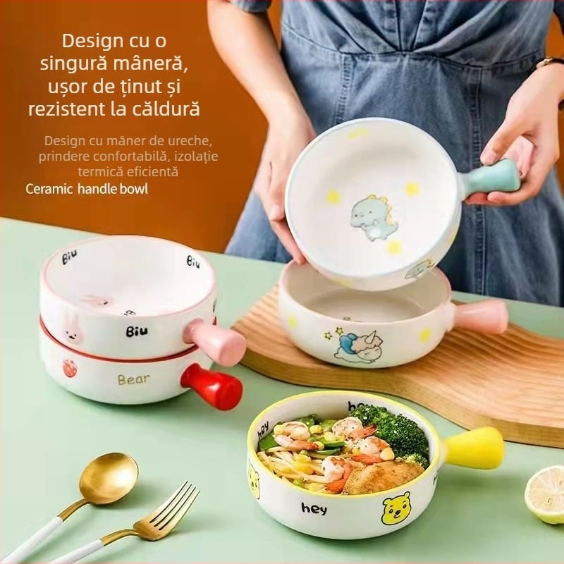 Bol din porțelan, compatibil cu microunde, cu mâner, rotund, pentru salată de fructe și tăiței, model Cartoon, logo personalizat