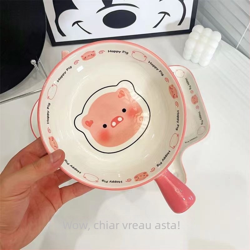 Bol din porțelan, compatibil cu microunde, cu mâner, rotund, pentru salată de fructe și tăiței, model Cartoon, logo personalizat