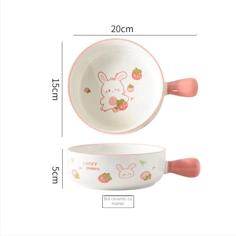 Bol din porțelan, compatibil cu microunde, cu mâner, rotund, pentru salată de fructe și tăiței, model Cartoon, logo personalizat