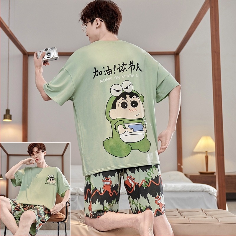 Set pijamale modal pentru bărbați – vară subțire, stil desen animat, guler rotund, mâneci scurte, pantaloni scurți, croială lejeră, mărime plus