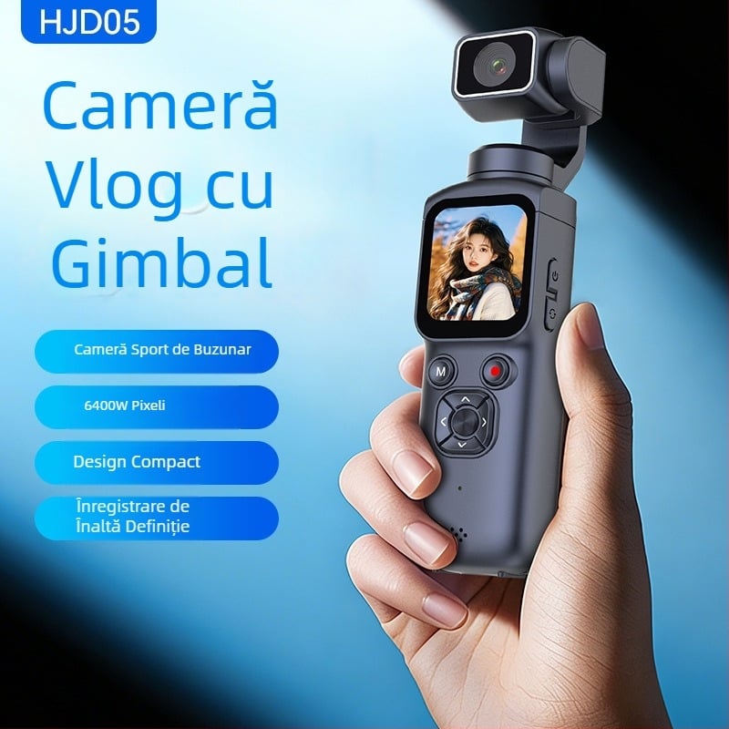 Cameră cu gimbal de buzunar, stabilizare pentru sport, 4K video, transmisie Wi‑Fi către telefon