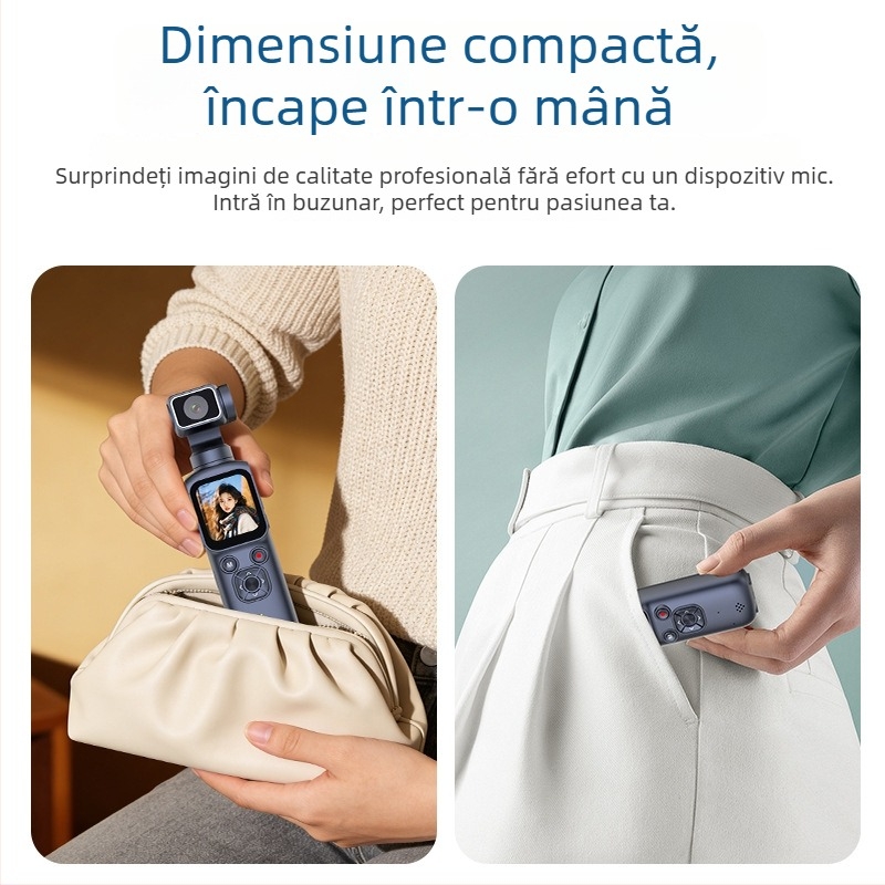 Cameră cu gimbal de buzunar, stabilizare pentru sport, 4K video, transmisie Wi‑Fi către telefon