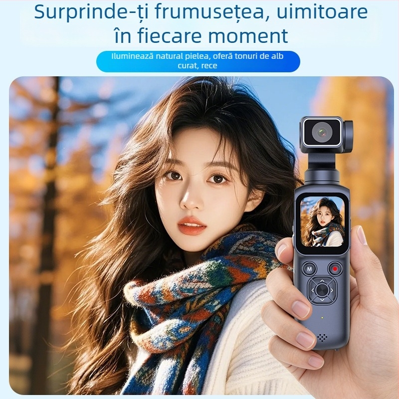 Cameră cu gimbal de buzunar, stabilizare pentru sport, 4K video, transmisie Wi‑Fi către telefon