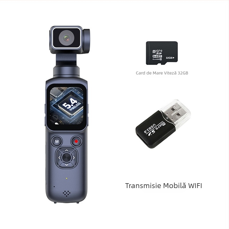 Cameră cu gimbal de buzunar, stabilizare pentru sport, 4K video, transmisie Wi‑Fi către telefon
