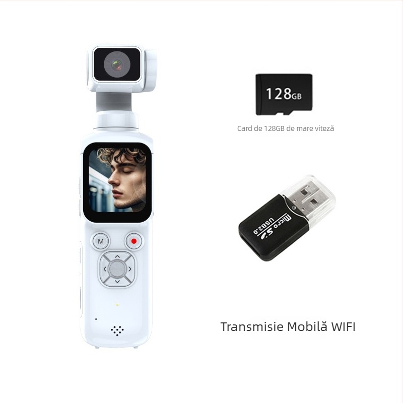 Cameră cu gimbal de buzunar, stabilizare pentru sport, 4K video, transmisie Wi‑Fi către telefon