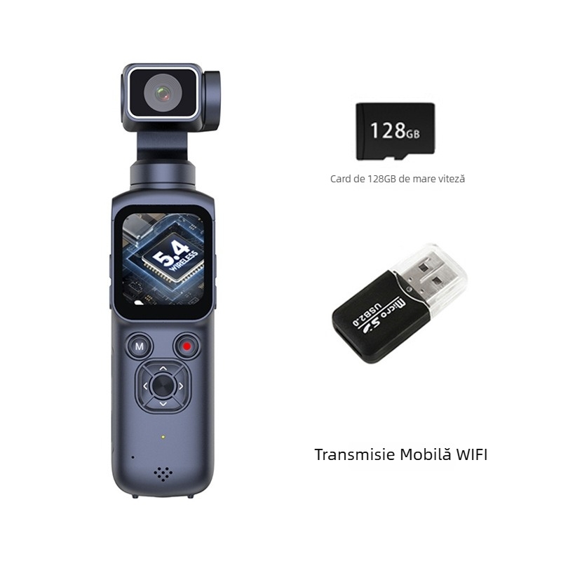 Cameră cu gimbal de buzunar, stabilizare pentru sport, 4K video, transmisie Wi‑Fi către telefon