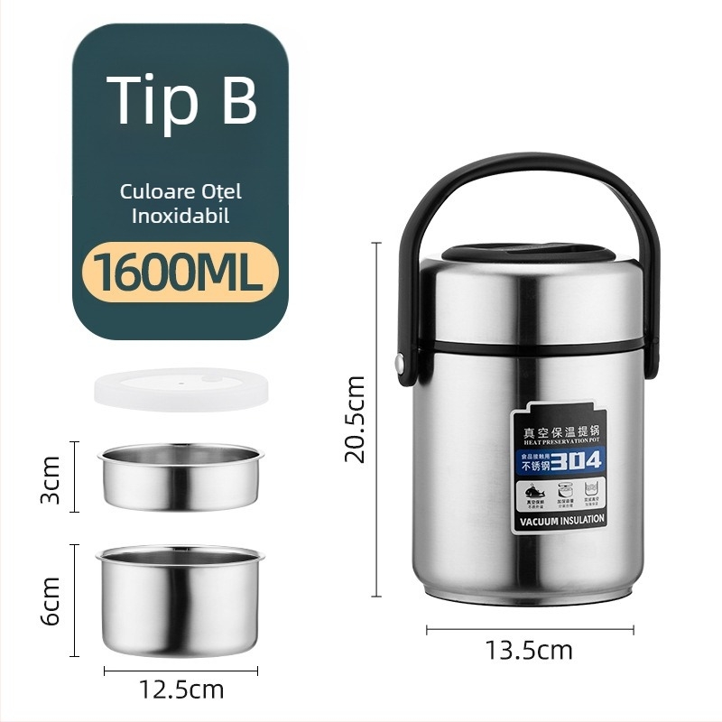 Cutie izolată pentru prânz din oțel inoxidabil 304, capacitate mare, compartimente multiple, pentru adulți și elevi, 1,6 L / 2,2 L